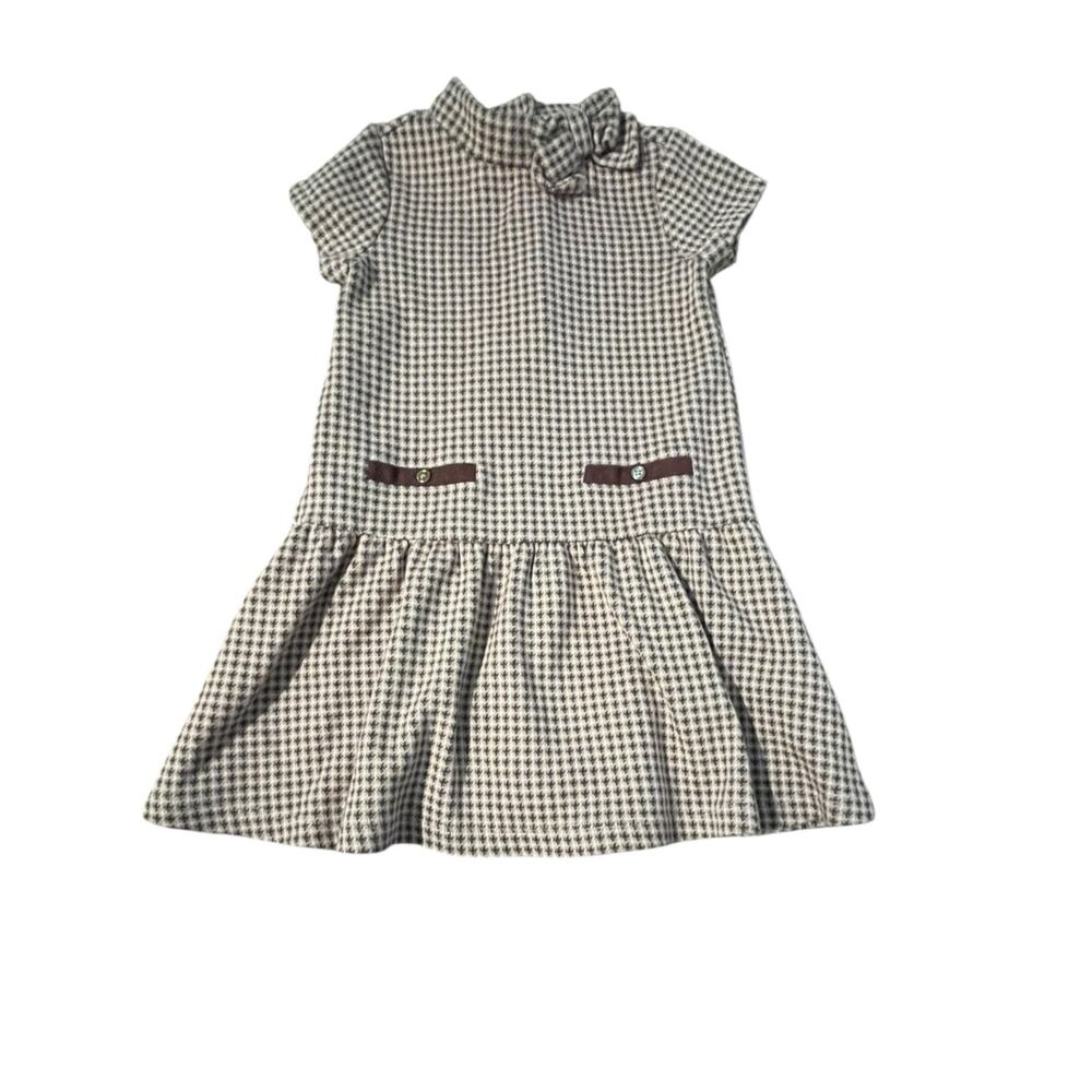 Janie & Jack Girls 4 Houndstooth Knit Drop Waist Dress Brown Mock Neck Bow